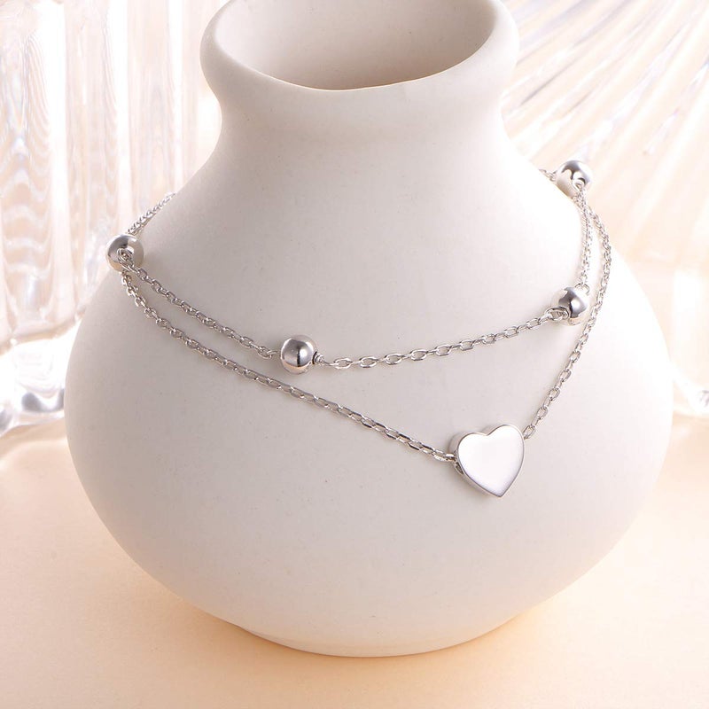 FLYOW Anklet for Women S925 Sterling Silver Adjustable Foot Beaded Heart Charm Ankle Bracelet Anklets Jewelry - Image 3